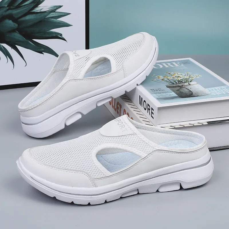 2024 Summer Korean Large size Casual Shoes Women's Shoes Single Shoes Thick soled One foot Sandals Mesh Half Slippers for men