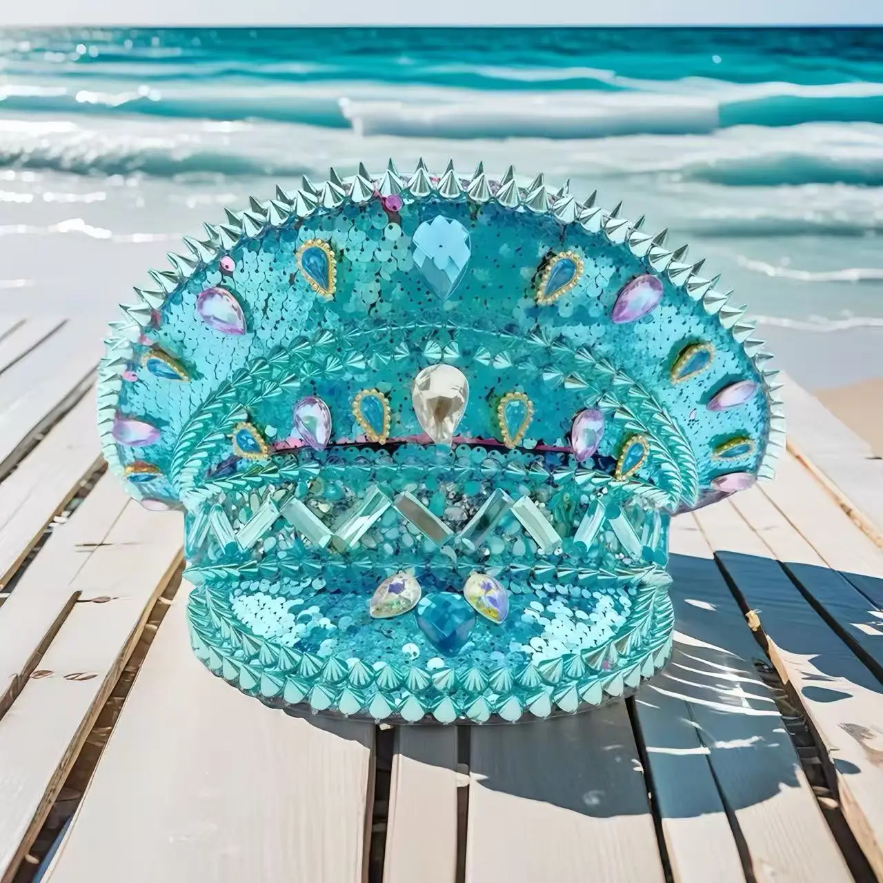 HongLuan – chapeau de Costume d'halloween bleu, chapeaux de capitaine en strass pour femme de Festival Burning Man, accessoires féminins de Cosplay