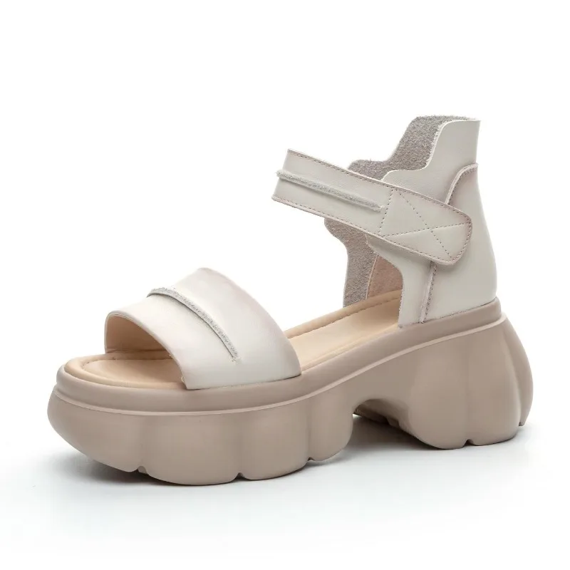 

7CM Genuine Leather Sandals Women 2025 Summer Cool Boots Open Toe Hook And Loop Thick High Heel Platform Casual Sandals Lady