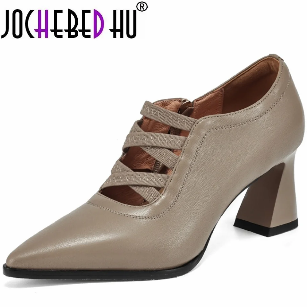 【JOCHEBED HU】Brand Genuine Leather cross tied mary janes shoes Ladies Shoes mid Heels Pointed Toe Elegant Shoes For Women 34-42