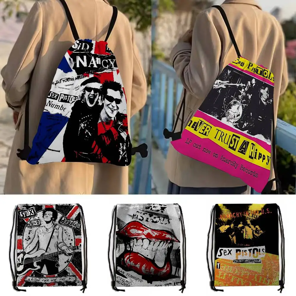 Plecak ze sznurkiem z nadrukiem zespołu rockowego S-Sex P-Pistols, przenośna torba do przechowywania na plażę, do ćwiczeń, na sport i różne drobiazgi, torba materiałowa.