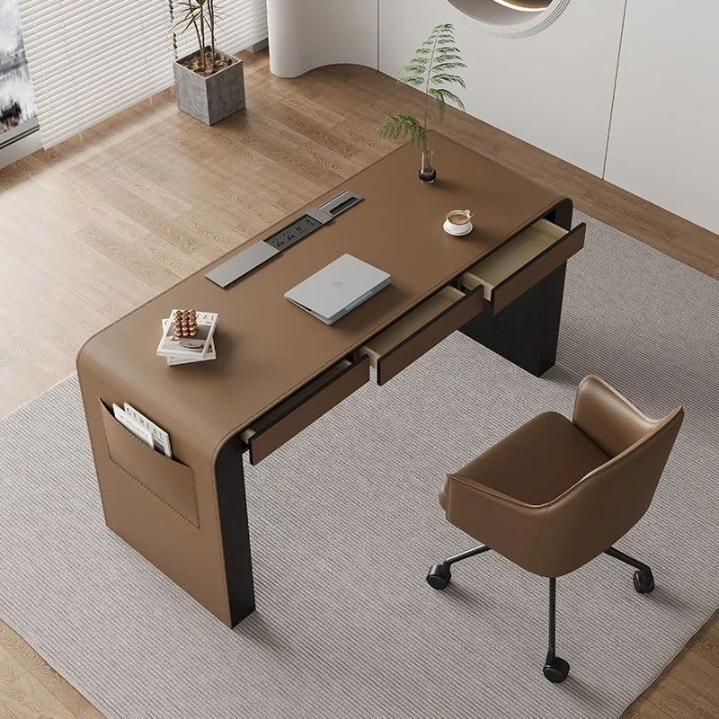 Italian minimalist desk home study desk bedroom workbench designer simple modern saddle leather desk