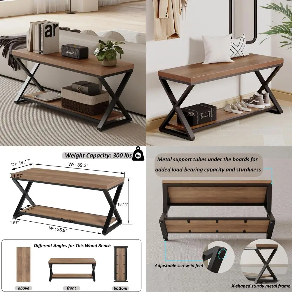 

Rustic Oak Farmhouse Entryway Bench with Shoe Storage, 39 Long, for Home Foyer