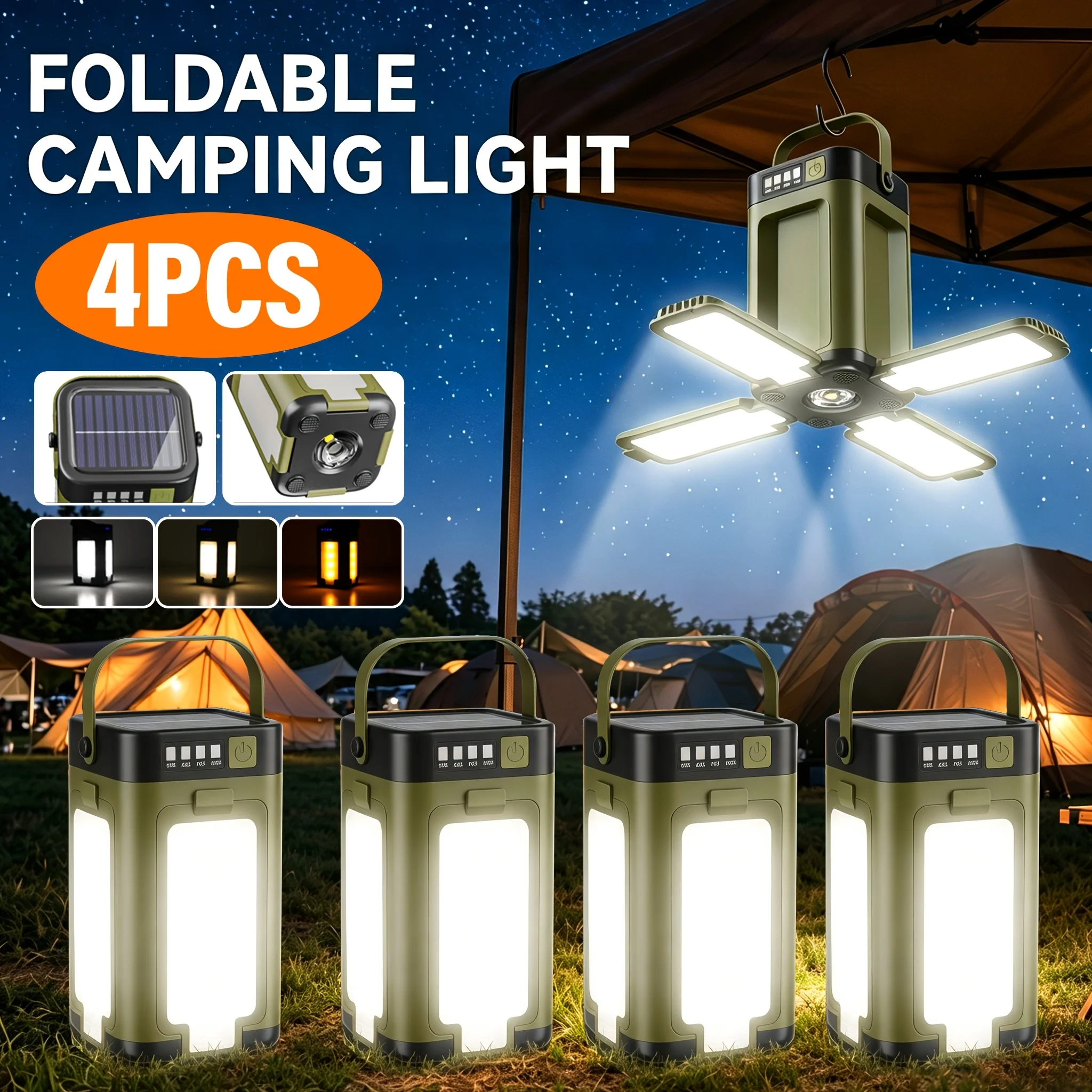 Set da 4 pezzi di luci da campeggio pieghevoli per esterni, torcia portatile, torcia da tenere in mano, luce da tenda con gancio per appenderla, ricarica solare, sei modalità di illuminazione, ideale