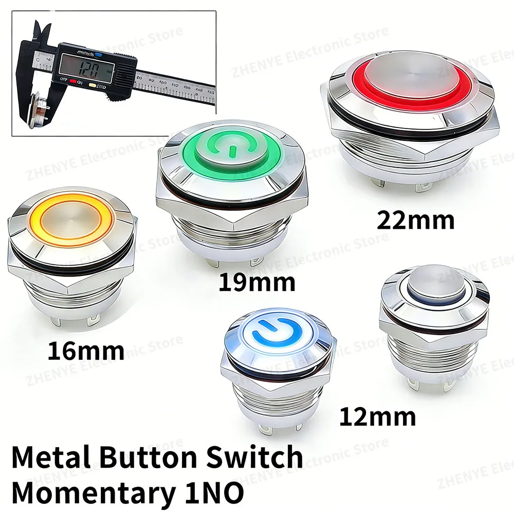 12/16/19/22mm Short Stroke Mini Metal Push Button Switch Power Led Light Self-reset Momentary 5V 12V 24V 1NO 1A High Flat Head