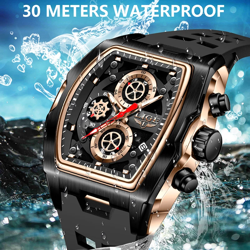 LIGE موضة جديدة سيليكون ساعة مربعة الرجال العلامة التجارية الفاخرة العسكرية الطلب الكبير الرجال ساعة رياضية مقاوم للماء كوارتز كرونوغراف