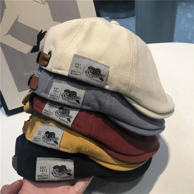 Men's Vintage Linen Fashion Hip Hop Solid Beret Side Label 1973 Women's Hat Vintage Beanie Crowd Style Sun Beret