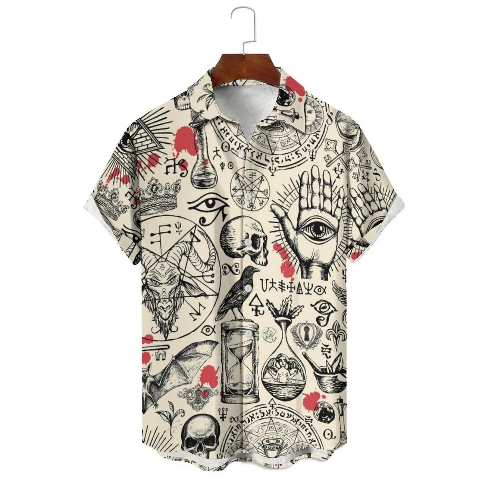 Summer Fashion Men Loose Casual Skull Illustration Print Can Be Worn Dopamine Style Lapel Can Be Worn Short Sleeve Shirt