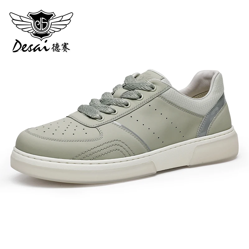 

DESAI Brand Men Casual Shoes Sports Soft Outsole White Full Grain Leather Shoes Men Male 2024 Punch Design Breathable