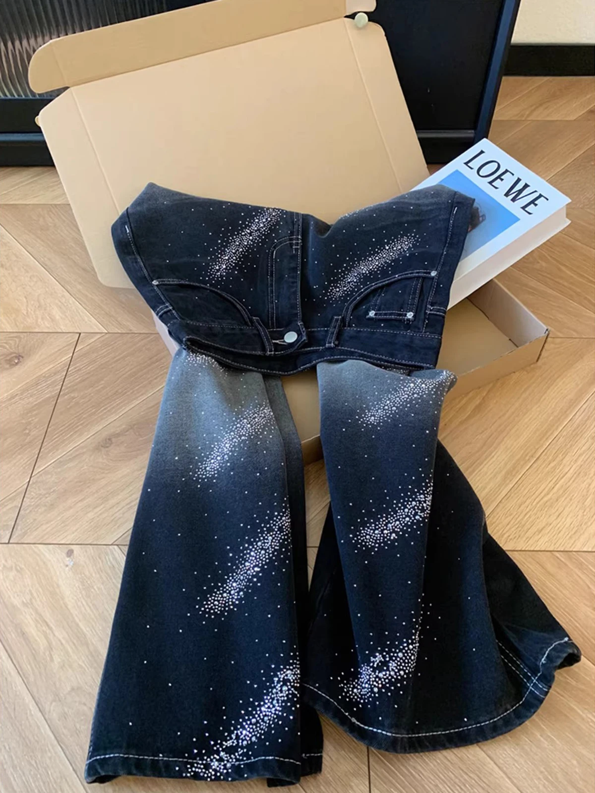 Black Sequin Embellished Wide Leg Jeans Women's Summer Loose Straight Cut Slimming Design Casual High Waist Pocket Detail