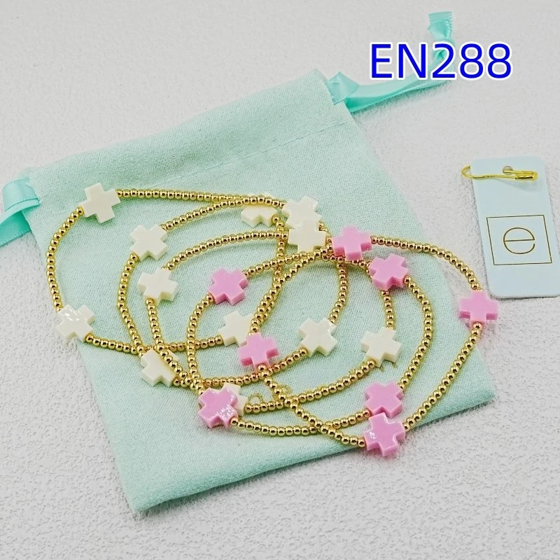 

VKVVA Cute Charm Gold-plated Beaded Stretch Bracelet, Minimalist Elastic Chain with Pink & White Cross Charms Jewelry for Women