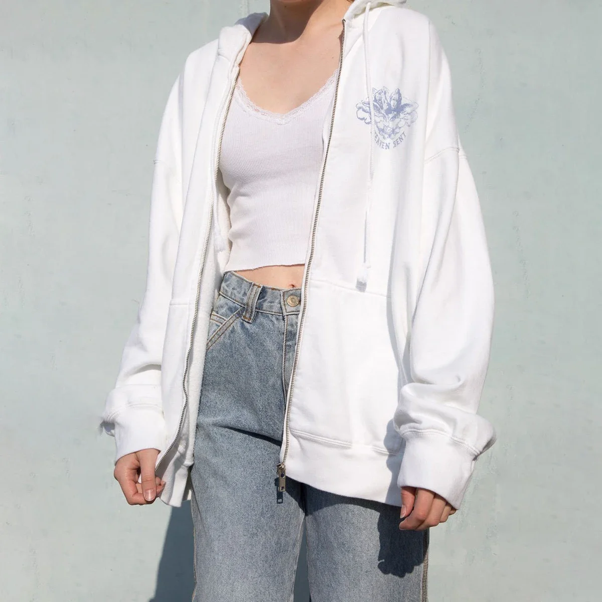 Vintage White Angel Print Hoodie Women 2024 Autumn White Cotton Long Sleeve Zipper Tops Female Casual Chic Streetwear Hoodies