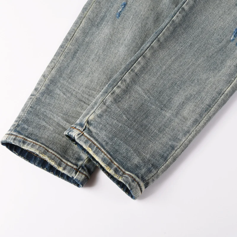 Y2KDesigner High Street Fashion Jeans Stretch Slimming Washed Light Blue Jeans Red Patched Hip Hop Brand Pants Hombre