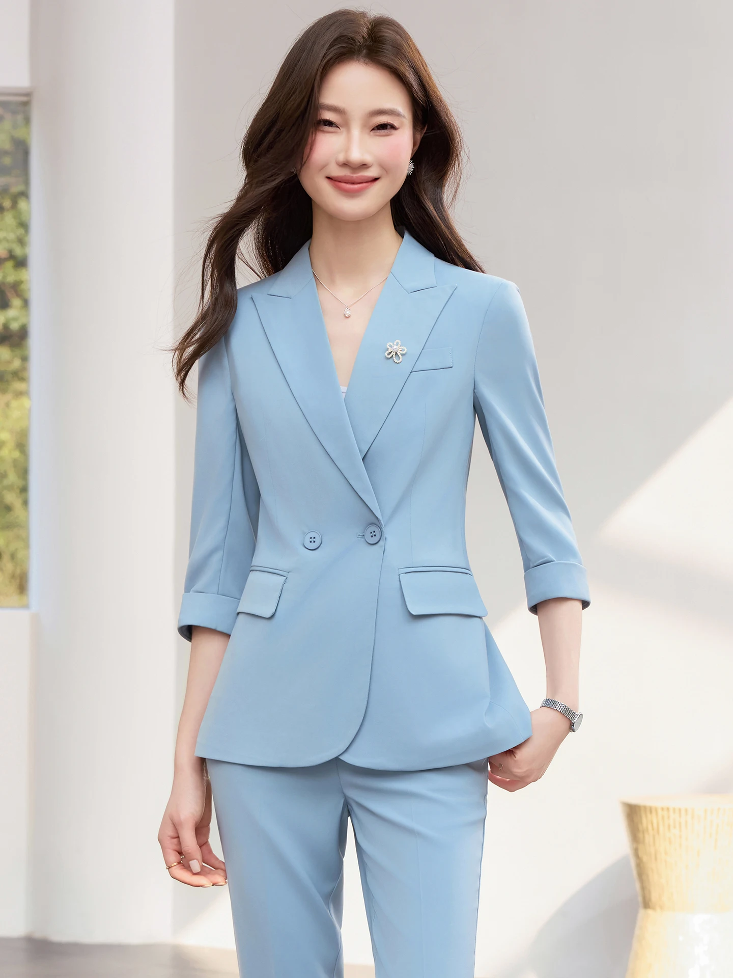 Light Blue Seven-Quarter Sleeve Women's  Casual Thin Workwear Spring Fashionable Polyester Fiber Double-breasted Suit J...