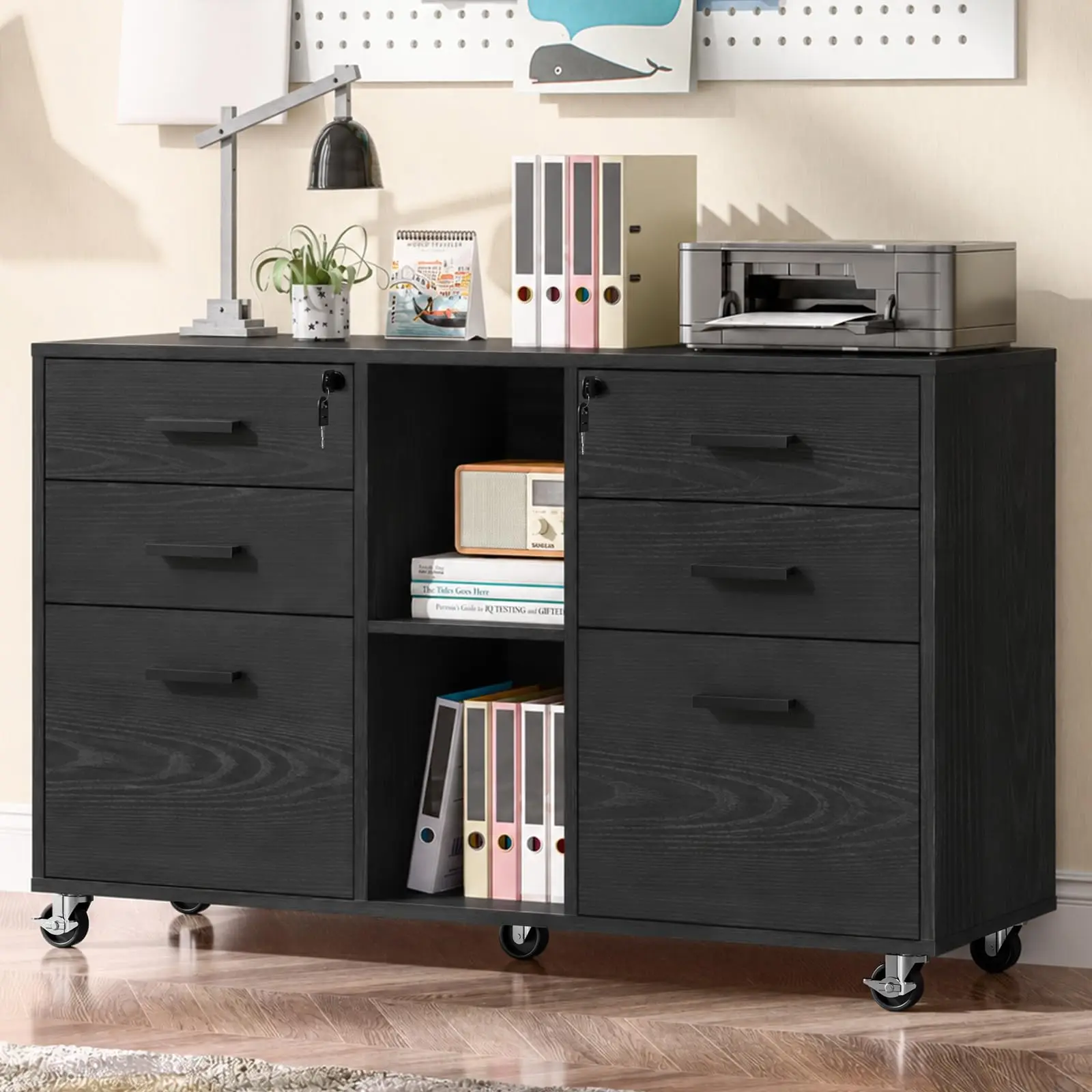 Mobile Lateral File Cabinet with Lock, Rolling Filing Cabinet, Black