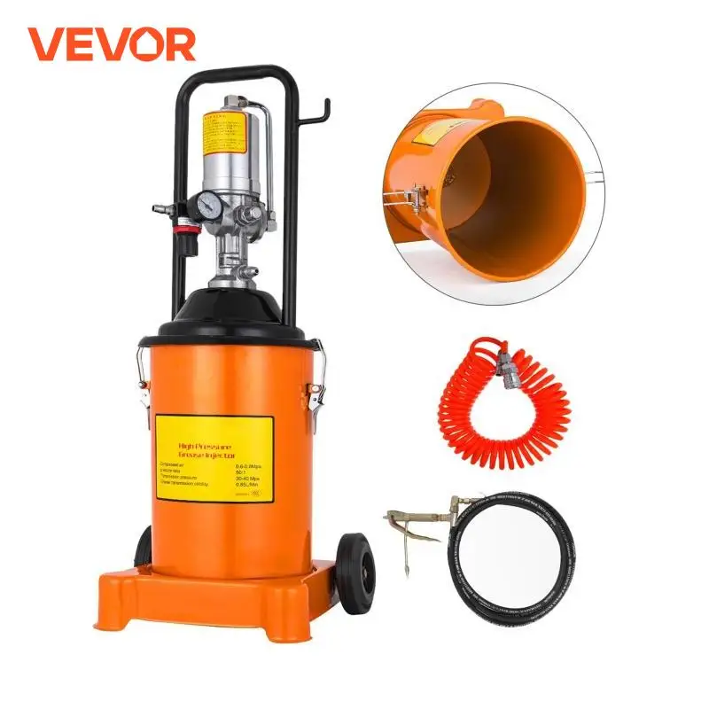 VEVOR 3 Gal Air Pneumatic Grease Gun Pump With 12 L Oil Barrel and Gas-Pressure Meter Swivel Oiling Gun Head Use for Industry