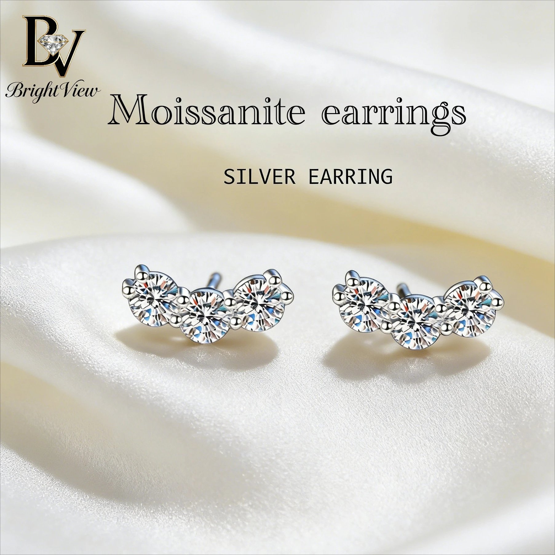 

S925 Silver 3-Stone Round Moissanite Smile Stud Earrings Dainty Sparkling Earrings for Women Real S925 Silver Jewelry
