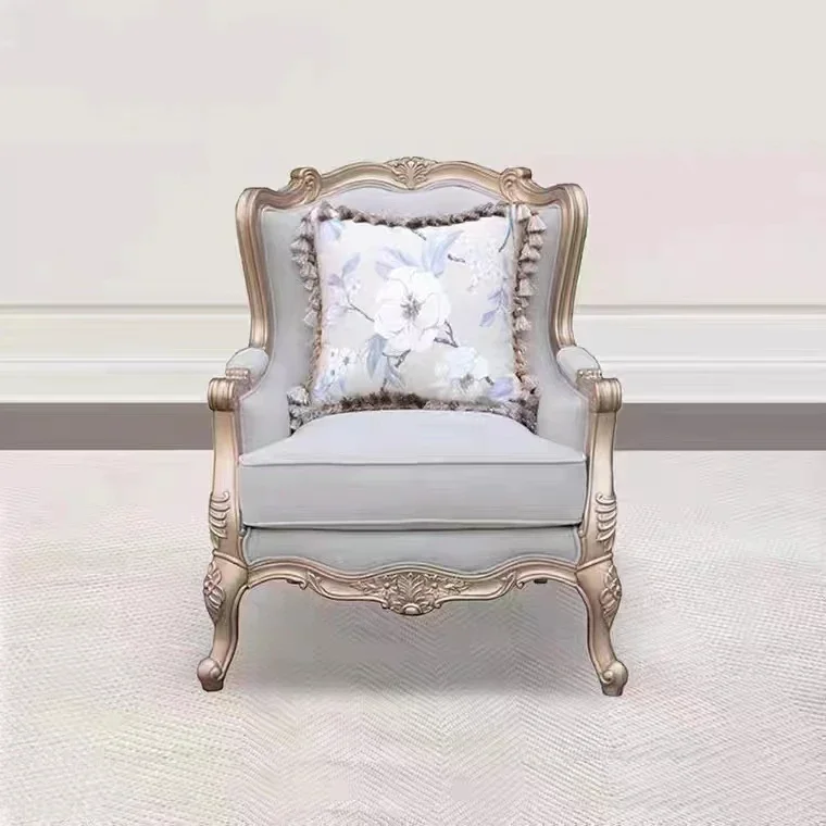 

American country solid wood carving flower fabric single sofa French living room balcony leisure chair European chair