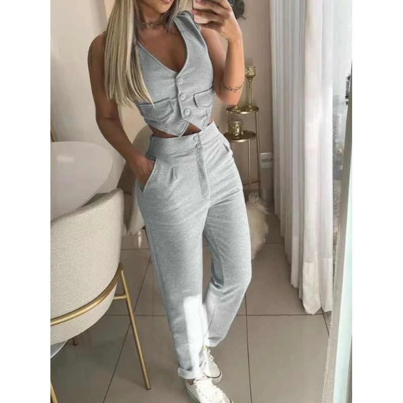 2024New Amazon Cross-Border Women's Clothing Temperament Pure Color Sleeveless Vest Suit Casual Pants Two-Piece Set