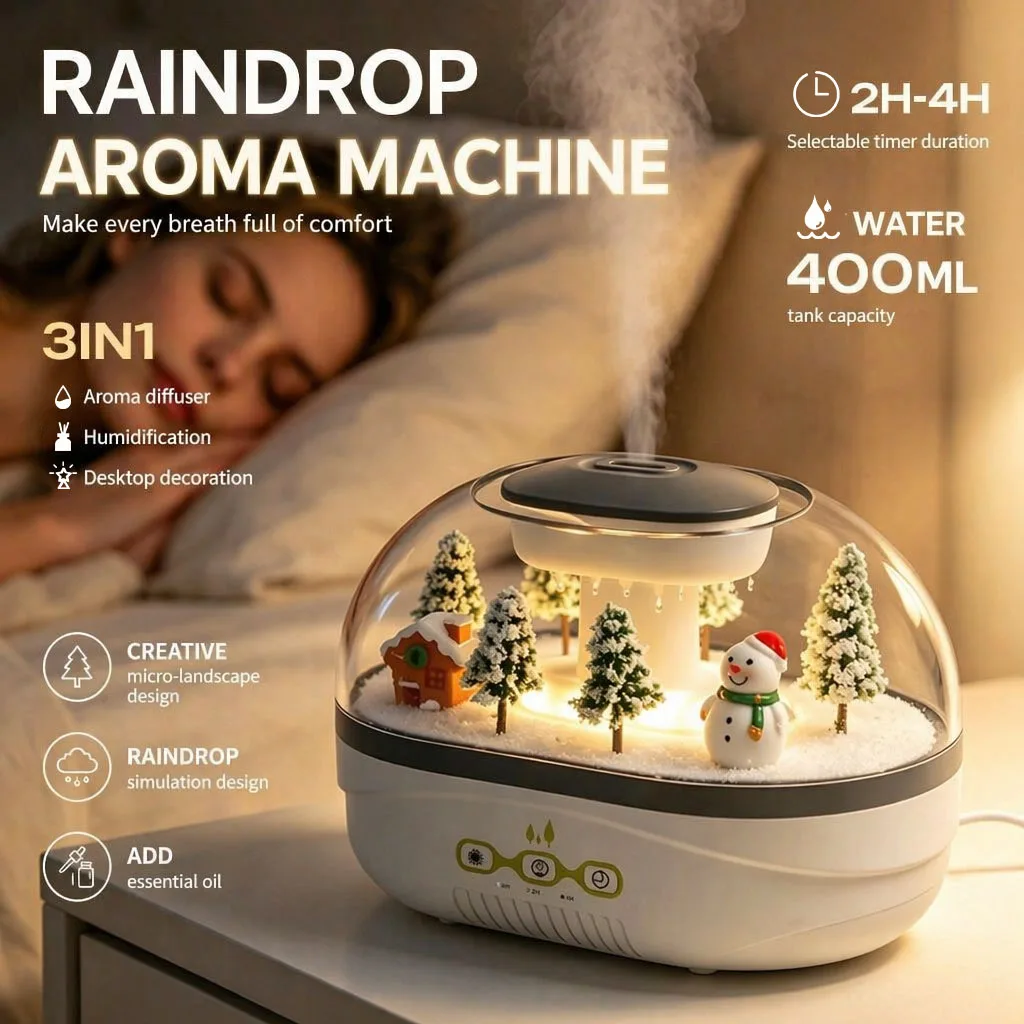 Raindrop Aroma Diffuser, 400ml, 2H/4H Timer, Warm Light, Quiet Mist, Mini Air Humidifier, Christmas Miniature Landscape Decor