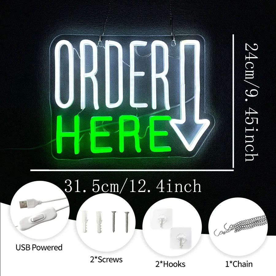 Shops, Bars, Front Desk Business Lights Party Decor Signs，Order Here Neon Sign, Letter Led Business Tips, Used In Restaurants.