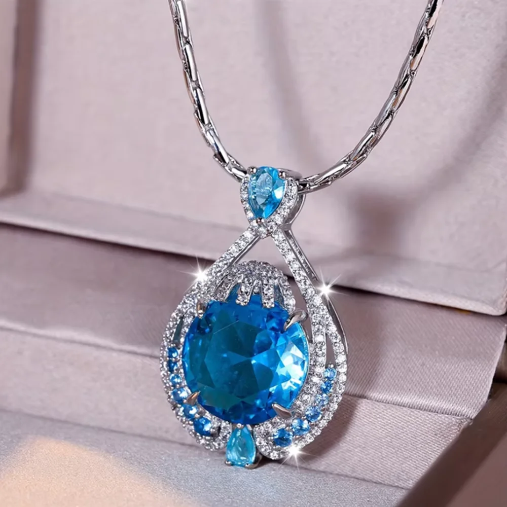 Luxury Blue Imitation Crystal Zircon Necklace For Women Wedding Jewelry Accessories Fashion Exquisite Geometric Necklace Gift