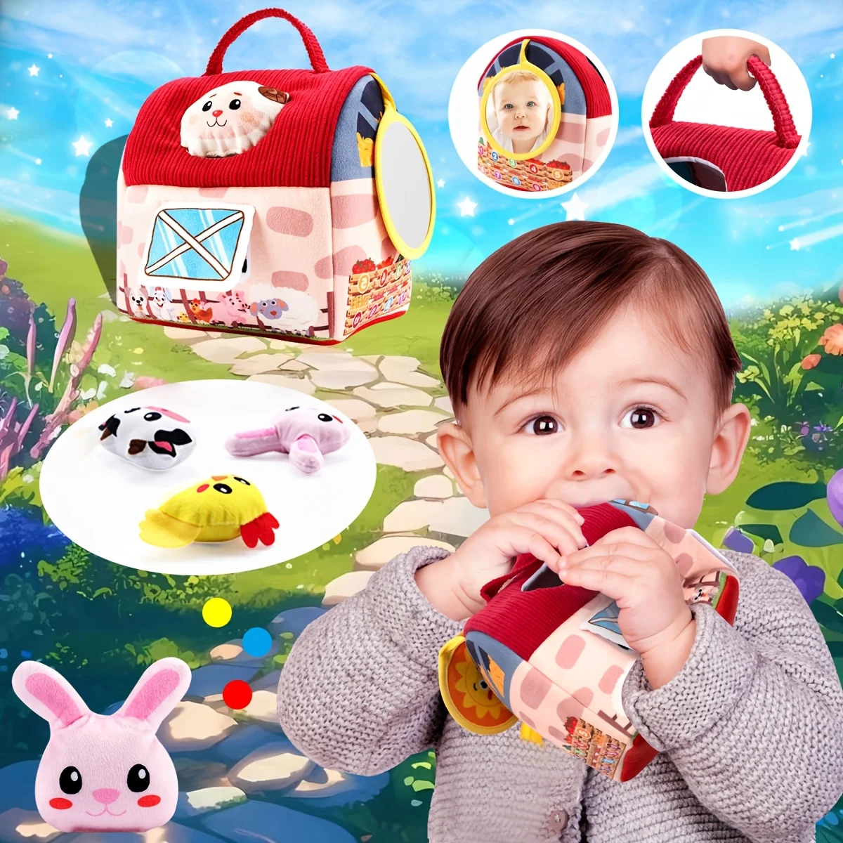Child Toys 6-12 Months - Surprise Barn with Farm Animals, Rattle, Crinkle Paper and Mirror Toys for Kids, Ideal Christmas Gifts