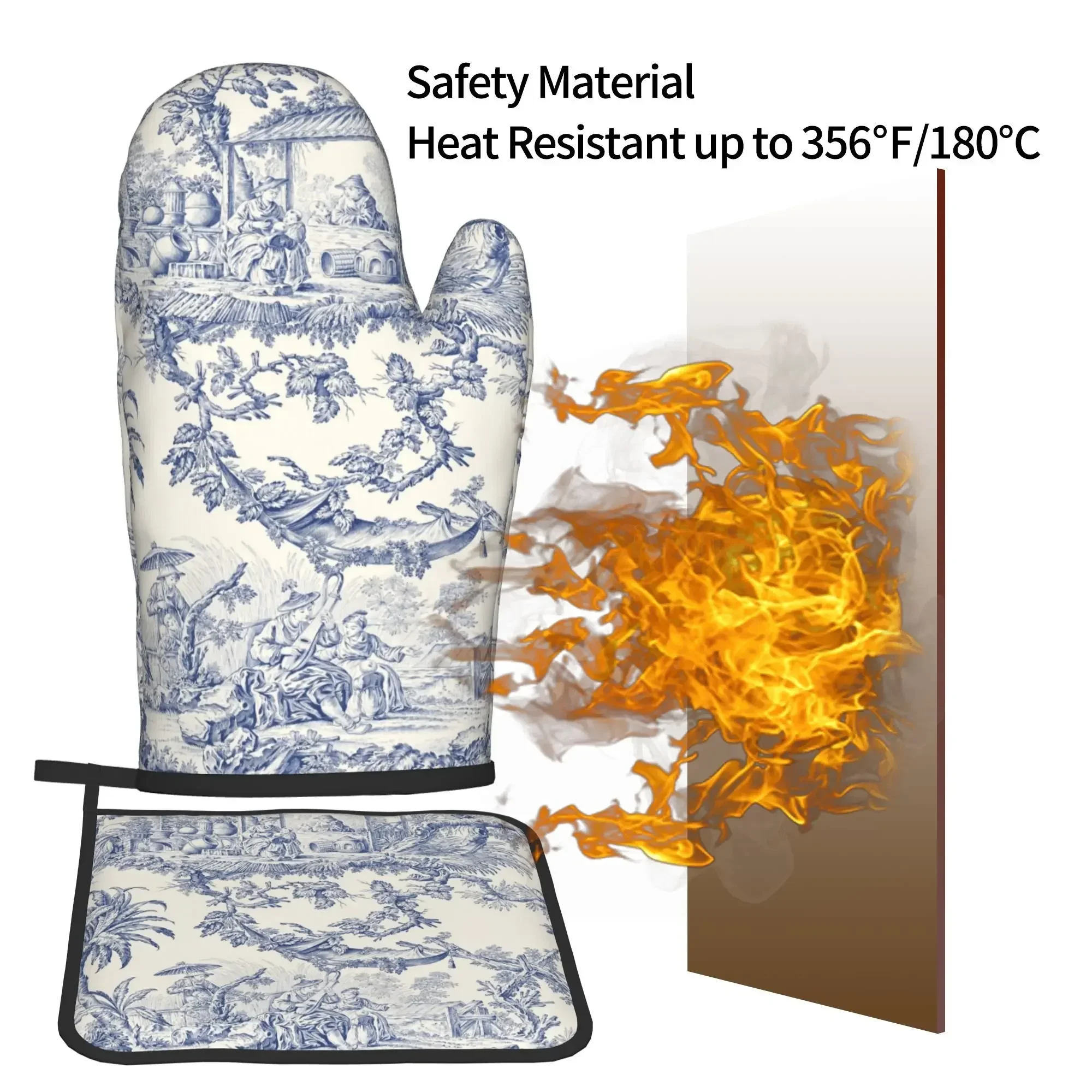 French Toile De Jouy Navy Blue Motif Heat Resistant Oven Mitts and Pot Holders Sets Oven Gloves for BBQ Cooking Baking Grilling