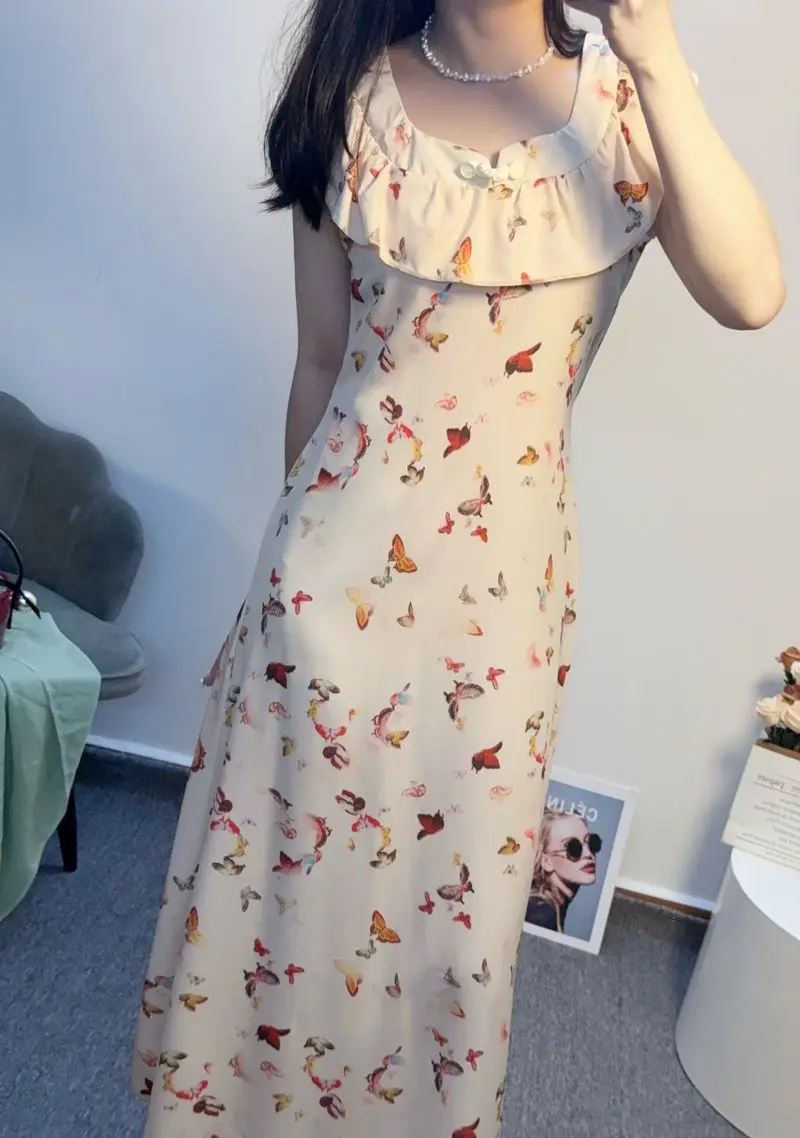 드레스 민소매 여성 보헤미안 스타일 봄 시폰 레이스업 주름 플러터 레이어드 케이크 드레스 랜턴 슬리브 프렌치 스타일 스위트하트