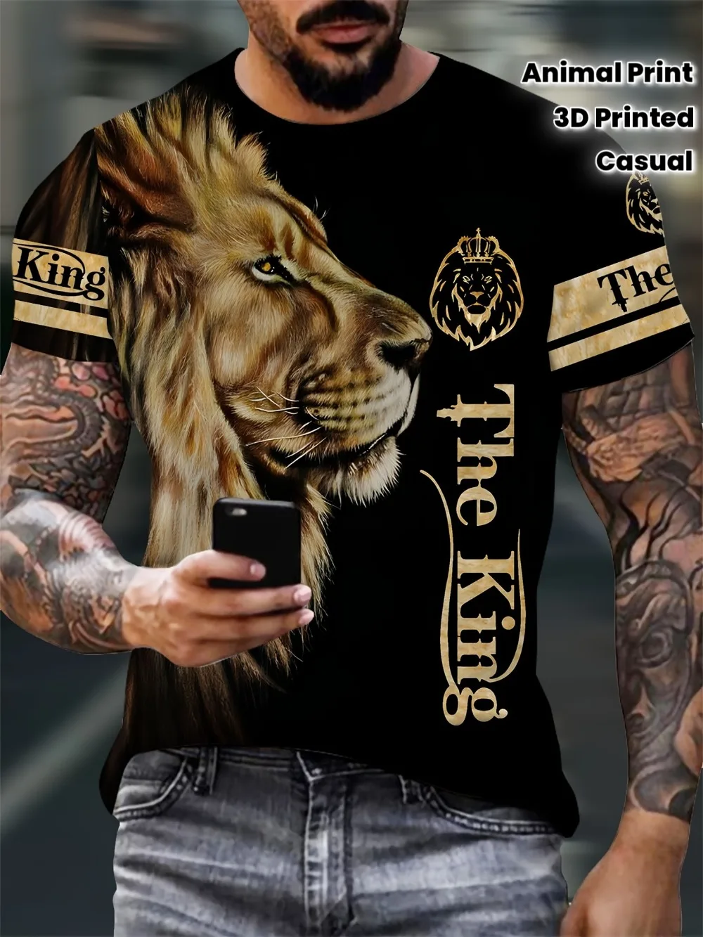 Men 3D Print Lion King Portrait Graphic TShirt Golden Crown The King Letter Short‑Sleeve Tee Casual Breath Streetwear Daily Tops
