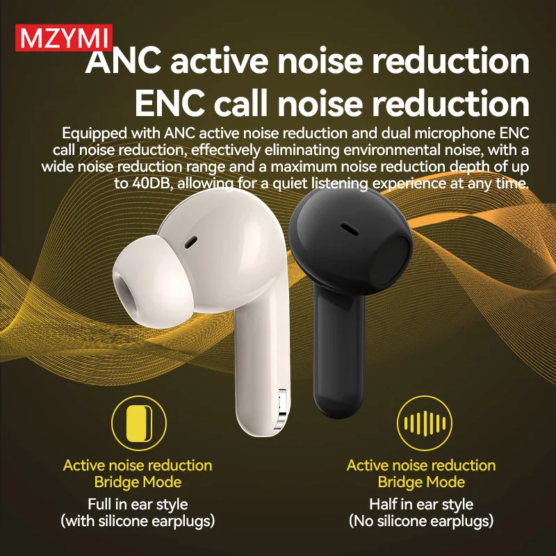 MZYMI H12 Pro TWS Headphone ANC+ENC Touch Control Earphone Active Noise Cancelling Headset Two Pairs of Earplugs With Mic