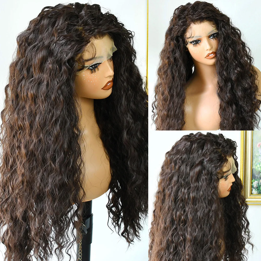 Pelucas rizadas de onda profunda suelta marrón Chocolate 30 pulgadas 13x4 Hd peluca Frontal de encaje transparente peluca con malla Frontal ondulada de agua sintética