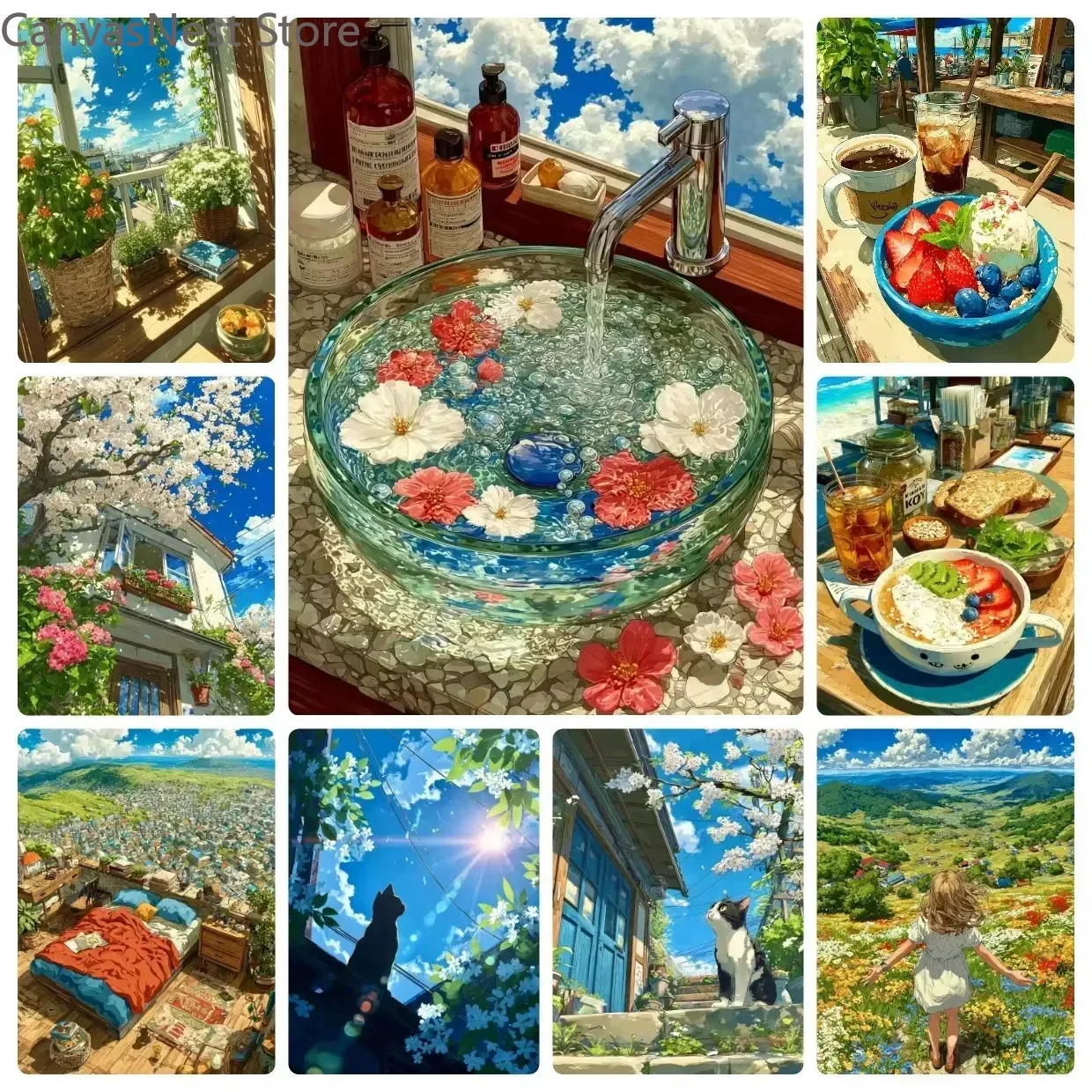 Japanese Anime Style Canvas Wall Art Set Cozy Daily Life Scenery Blue Sky Floral Landscape Print Painting for Teen Bedroom Do
