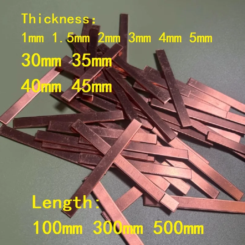 1PC T2 Pure Copper Plate Bars Red Copper Flat Bar Sheet Thickness 1 1.5 2 3 4 5mm 30mm 35mm 40mm 45mm Length 100 300 500mm