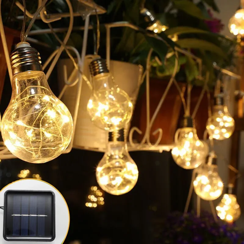 LED Solar Bulb Lights Waterproof Outdoors Garden Fairy Lights Garland Christmas Wedding Party Ornament Light String