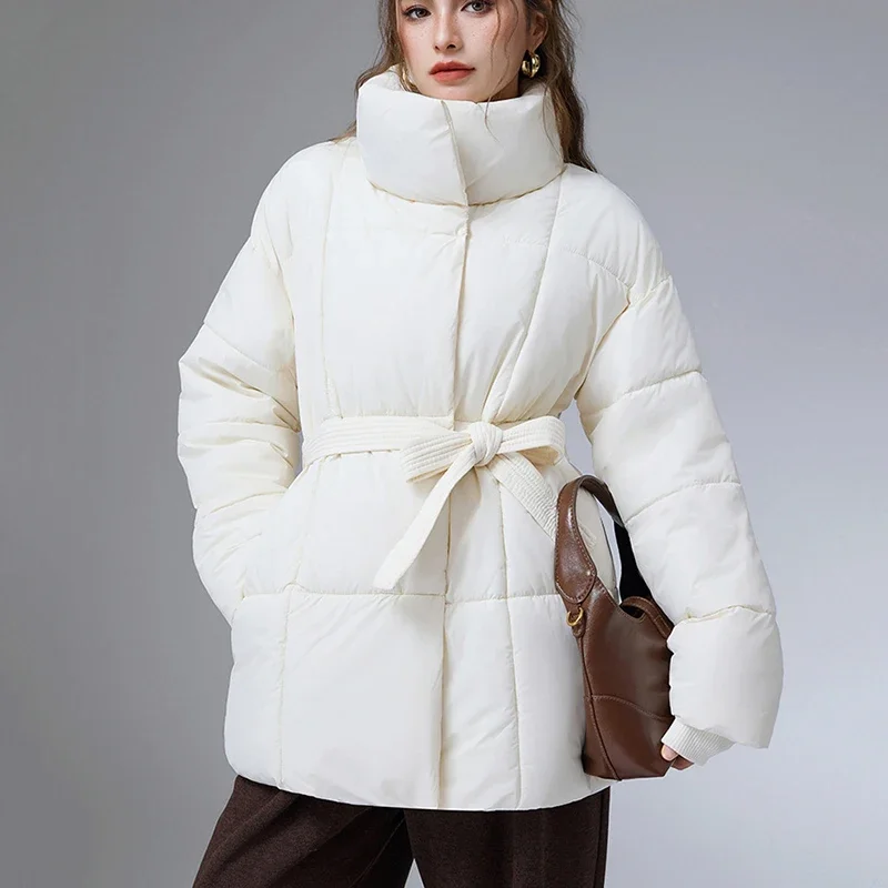 Winter Cotton Jacket For Women Stand Collar With Waist Tie Loose Silhouette Padded Coat Versatile Korean Style Shopping Trip
