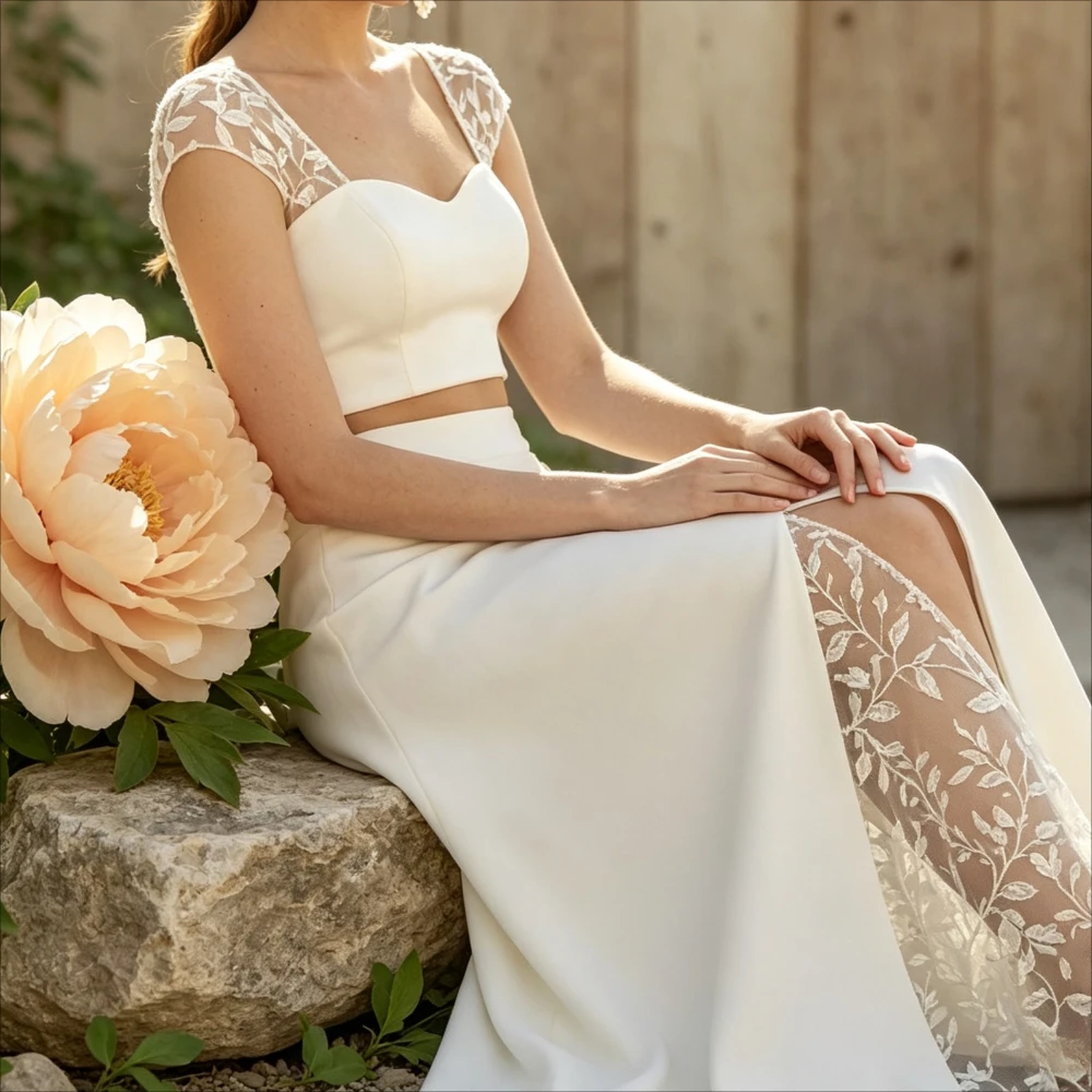 Customized Sweetheart Cap Sleeve Two Piece Mermaid Wedding Dress Leaf Lace Panel High Slit Minimalist Bohemian Bridal Gown