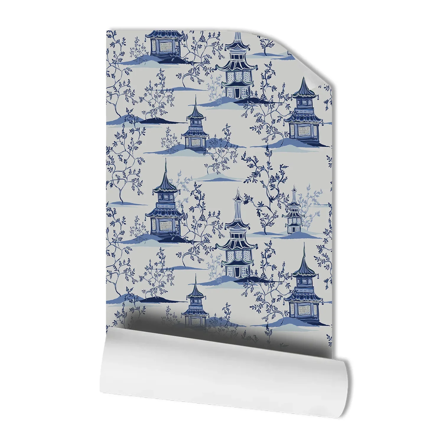 Blue Pagoda Chinoiserie Wallpaper Removable Self Adhesive Temple Landscape Wall Mural Peel And Stick for Living Room Home Decor