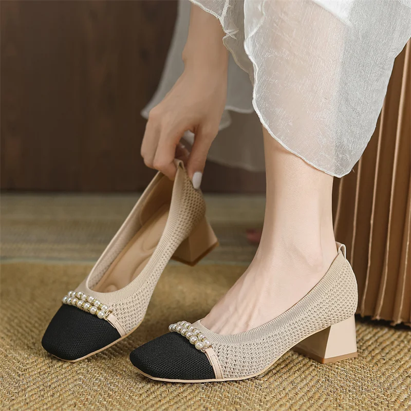 2024 Women Casual Patchwork Slip on Mesh Hollow Square Heel Butterfly Black Shoes Comfort Party Wedding Office Single Shoes