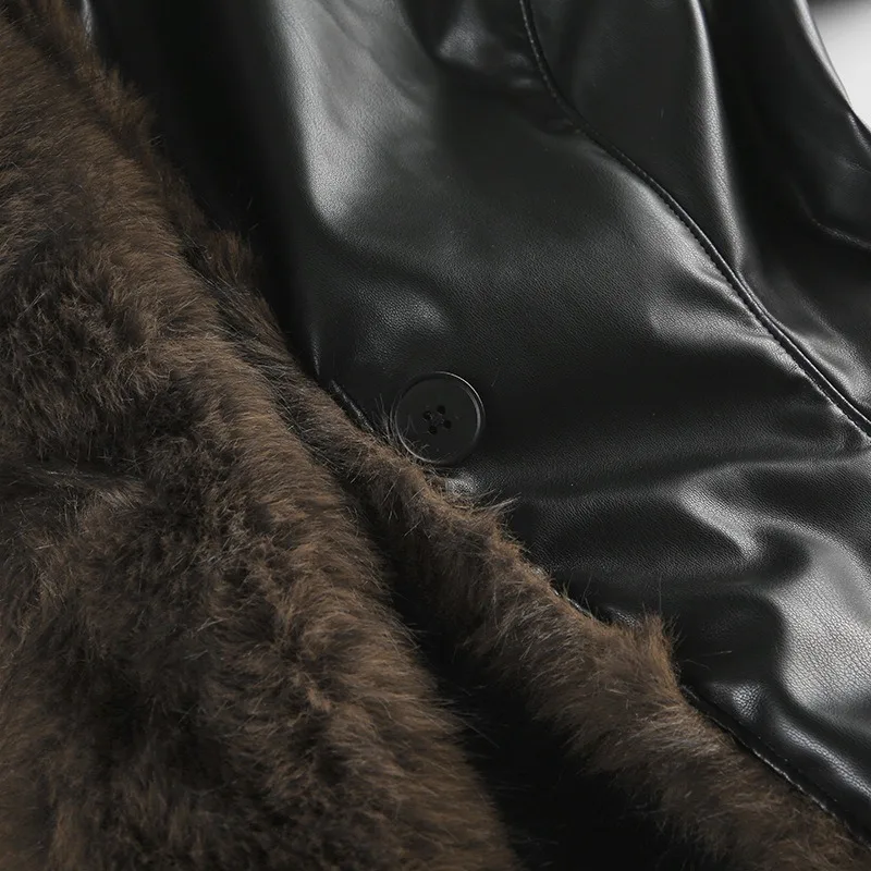 2025 Winter Fur Leather Jacket Women Fashion Suitable Leather Jacket Feamle Lapel Cashmere Thick Motorcycle Leather Warm Coat