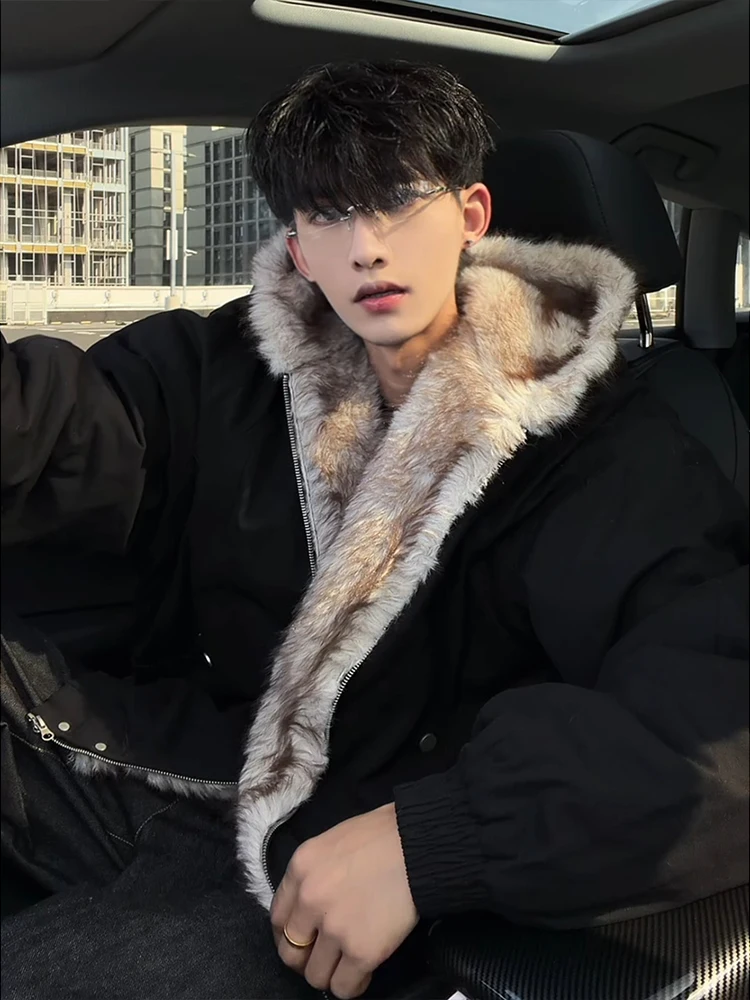 Men's 2025 Winter New High-End Hooded Faux Fur Collar Parkas Long Sleeve Thickened Cotton Jackets American Style Cotton Coats