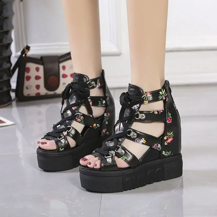 Hot Print Leisure Wedges Women\'s Shoes 2024 Summer Shoes Women Sandals Platform Shoelaces High Heels Casual Shoes Woman