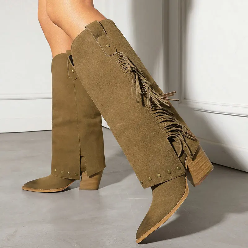 Women Tassel Rivet Western Cowboy Tall Boots Pointed Toe Wood Grain Chunky Heel V Cut Vintage Knee High Rider Boots