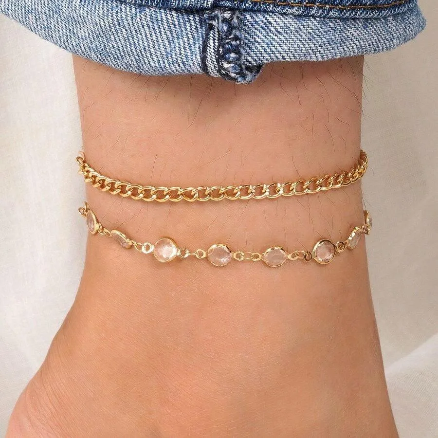 

European And American Minimalist Style Chain Bracelet With Beaded Edge Crystal Chain, Shiny, Women's Anklet Set