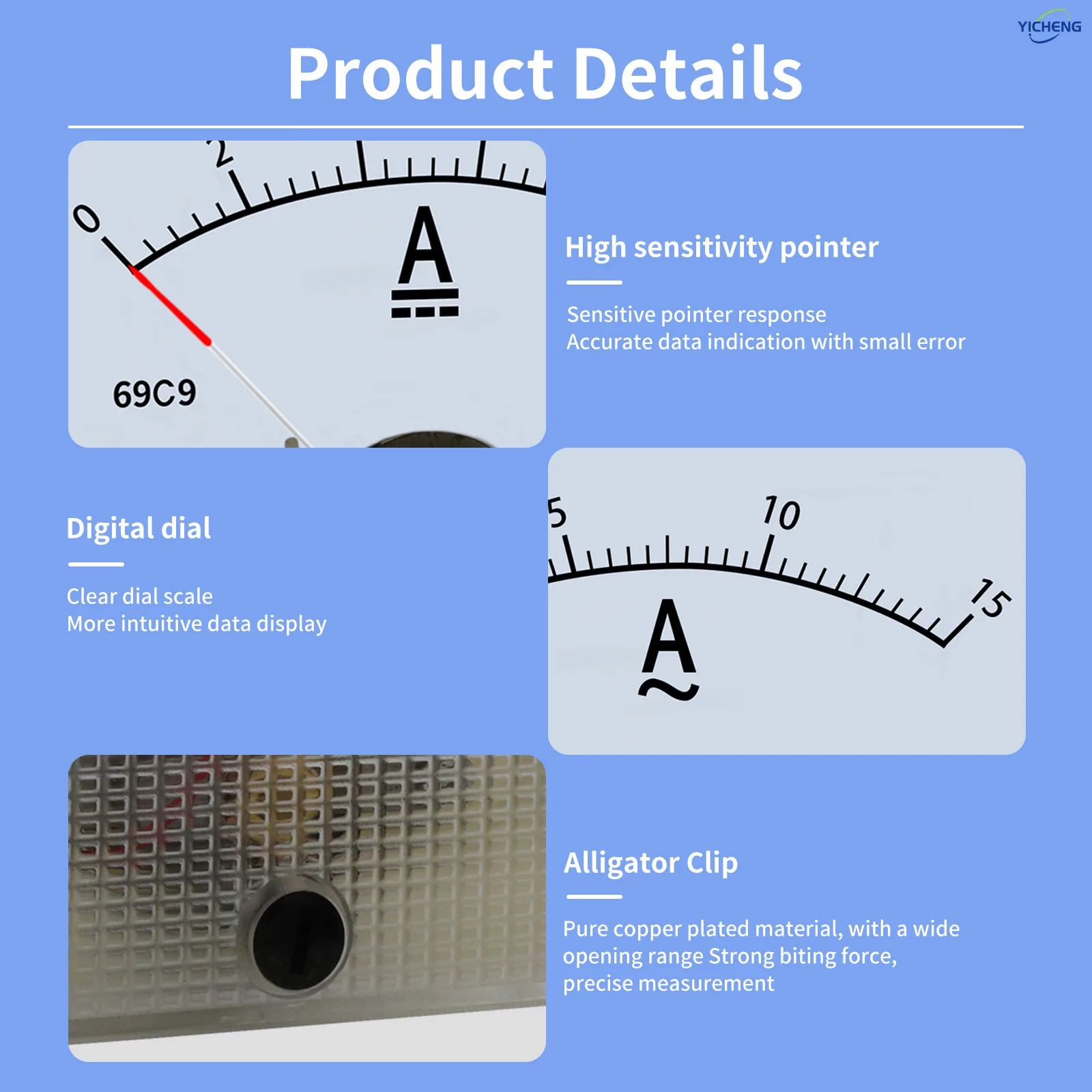 YICHENG 69 series DC/AC ammeter pointer ammeter 1A~50A,Panel size 65*80mm,hole size 60mm