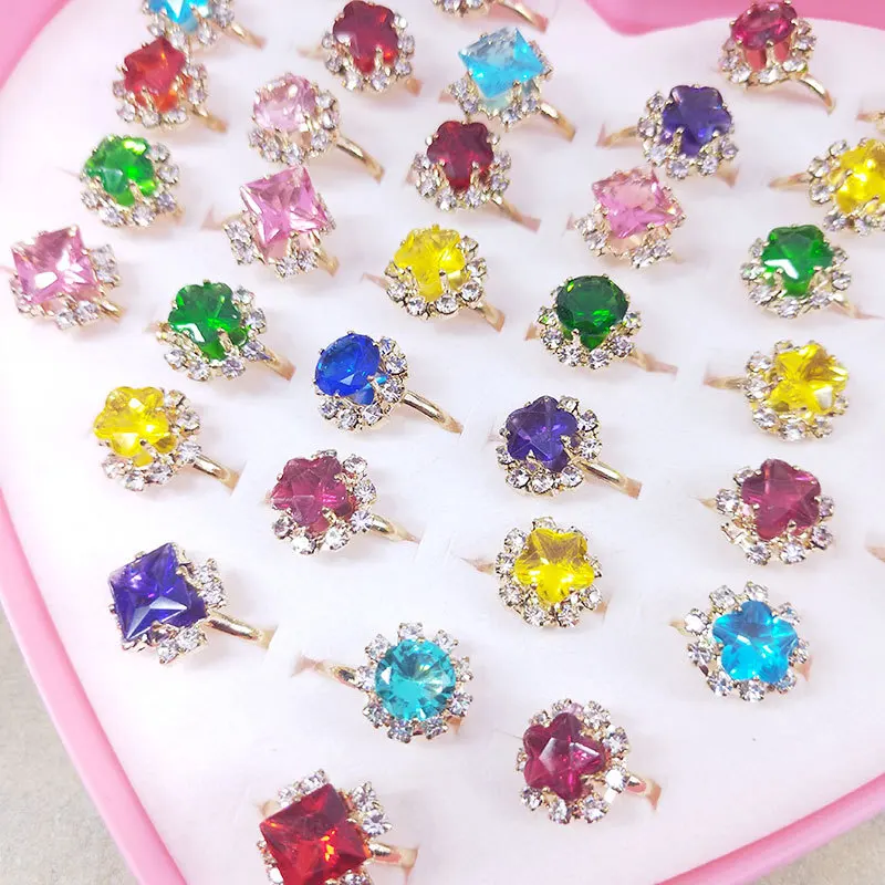 36pc Shiny Adjustable Children\'s Cartoon Rings Candy Crystal Star Flower Shape Ring Mix Finger Jewellery Rings Kid Girls