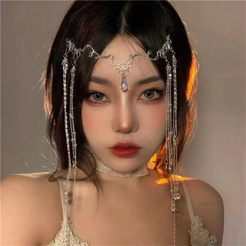 Elegant Shinning Rhinestones Long Tassel Hairwear Waterdrop Crystal Hair Band for Women Chinese Bridal Accessories Jewelry Gifts