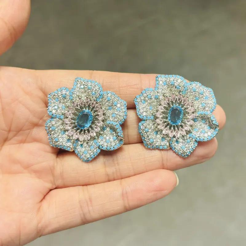 Bilincolor Fashion Blue Flower Stud Earring for Women Wedding