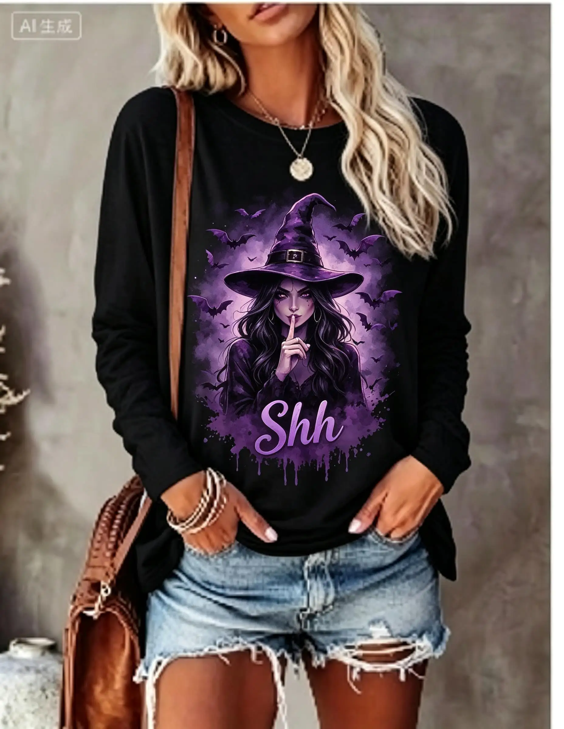 Women Halloween Long Sleeve T‑Shirt Shh Letter Purple Witch Bat Gothic Print Crew Neck Fall Tops