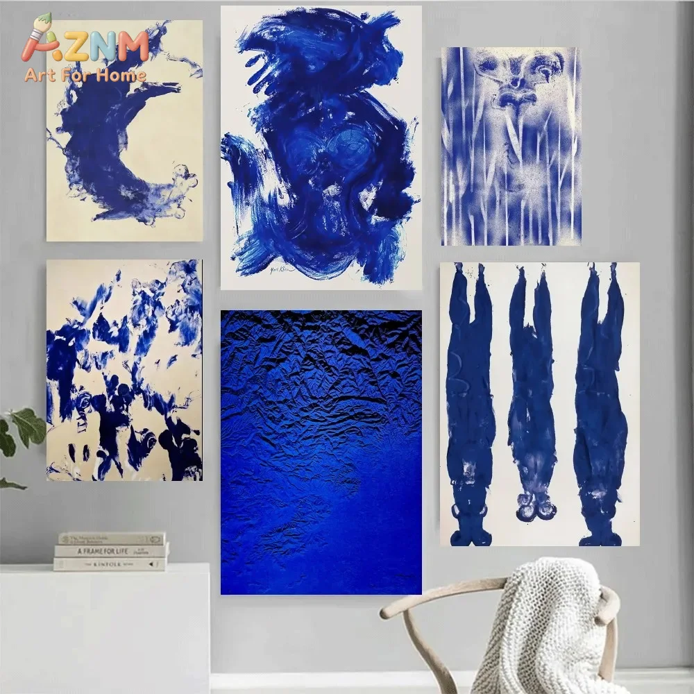 AZNM Klein Blue Abstract Canvas Wall Art Modern Textured Ink Splash Human Body Figure Print Unframed Canvas Painting for Minimal